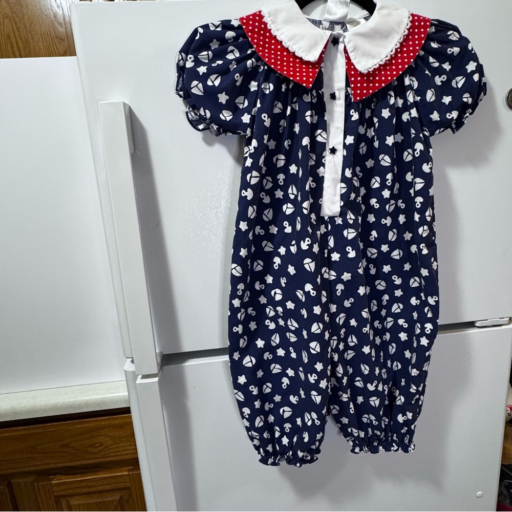 Vintage 1990s Small Steps Romper Blue White Red nautical Americana